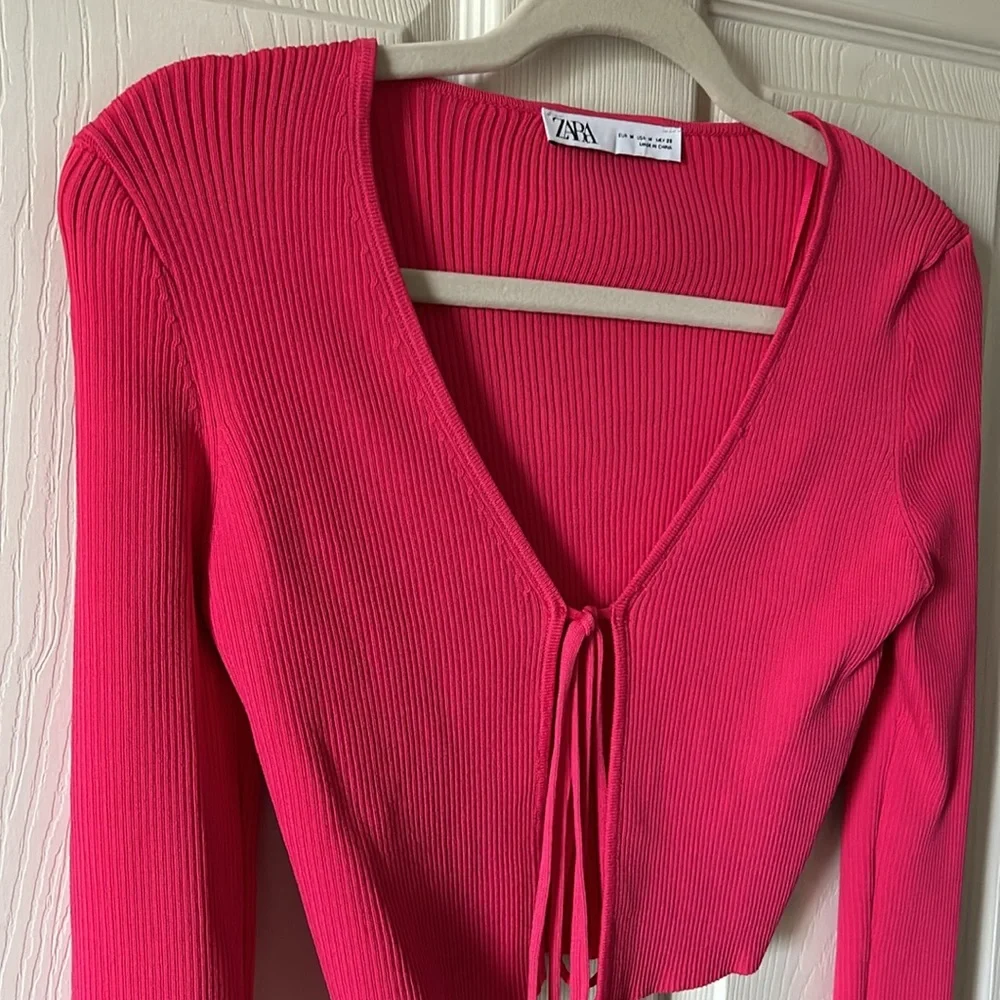 Zara Women’s Fuchsia Summer Ribbed Cropped Tie‎ Top Size Med NWOT